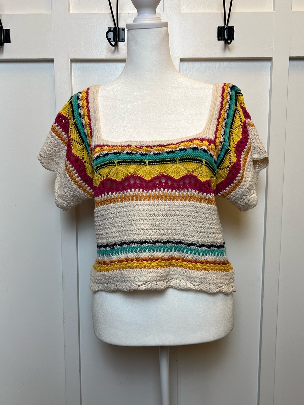 POL Size S/M Crochet Knit Top Square Neck Southwestern Colorful Lightweight
